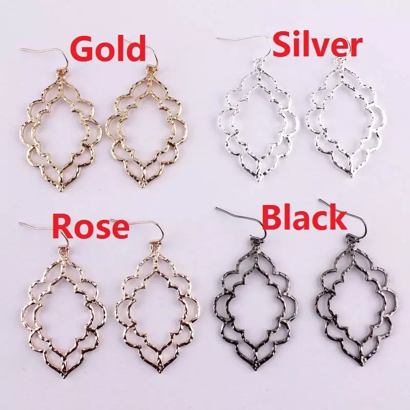 Gold Silver Rose Gunmetal Plated Filigree Geometric Moroccan Dangle Earrings Women Hollow Out Metal Jewelry Gifts