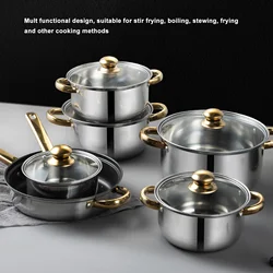 12-Piece Cookware Set, Kitchen Pots Stainless Steel Golden Handle Smoothing Sturdy Easy to Clean Cookware Set for Home Cooking