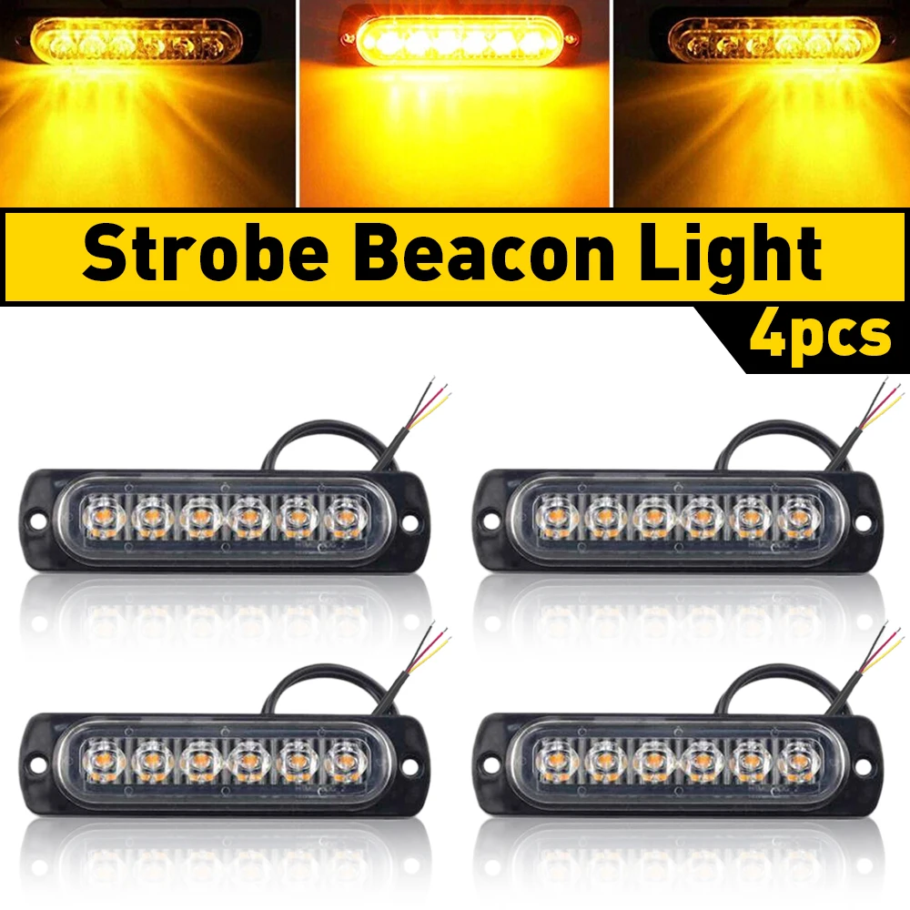 4Pc Truck 12V 24V 6smd LED Strobe Warning Light Amber Recovery Strobe Marker Light Flashing Light Bar Car Beacon Lamp Amber