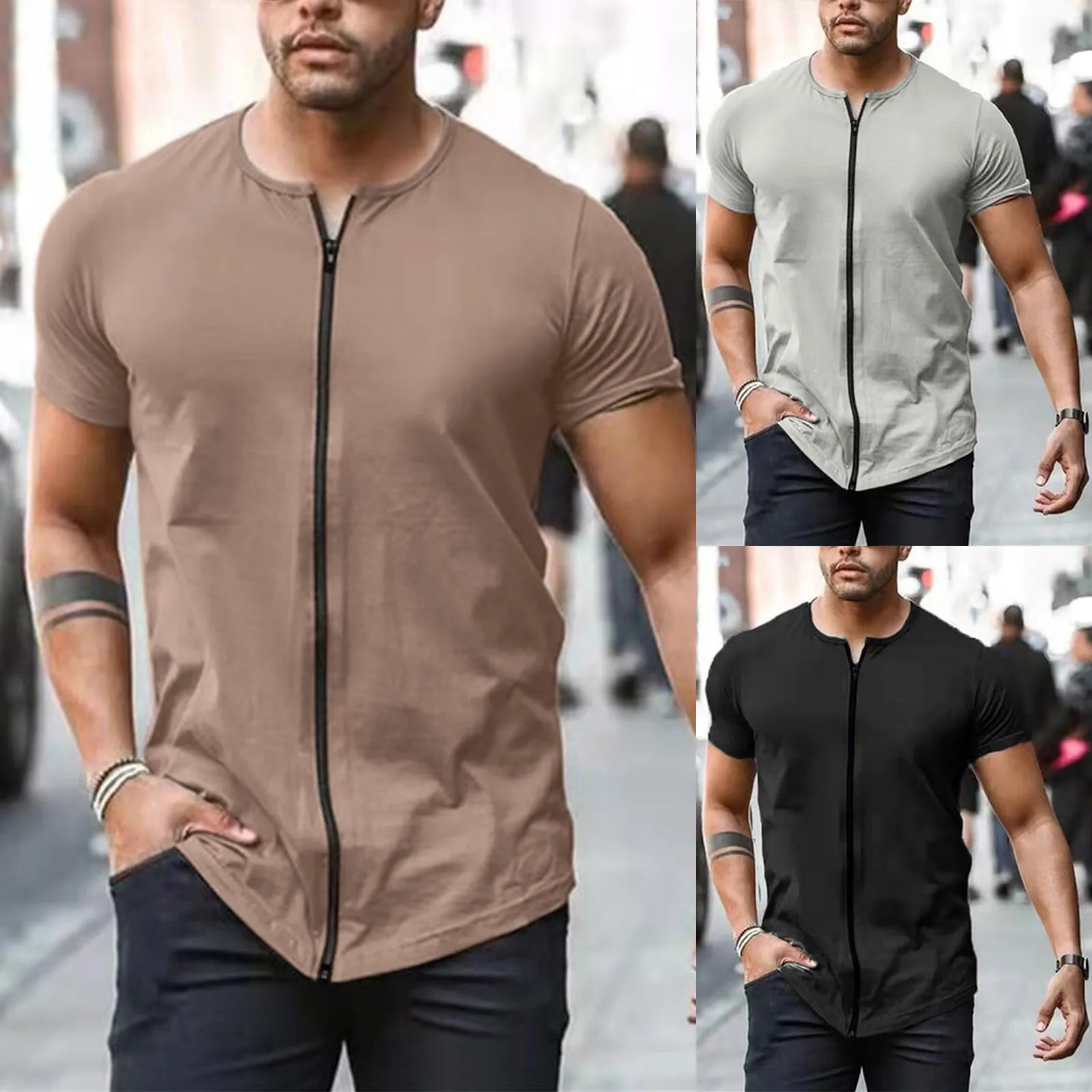 Male Summer Casual Zipper T Shirt Blouse Short Sleeve Round Neck Tops T Shirt