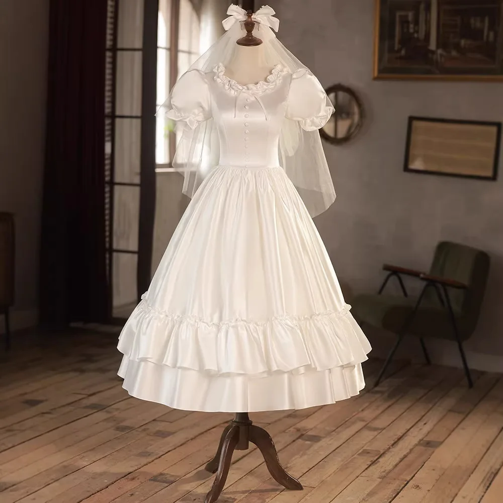 Classic A Line Wedding Dress 2026 Sweet O-neck Short Sleeevs Ruffles Satin Tea Length Formal Bride Bridal Party Gown Vintage
