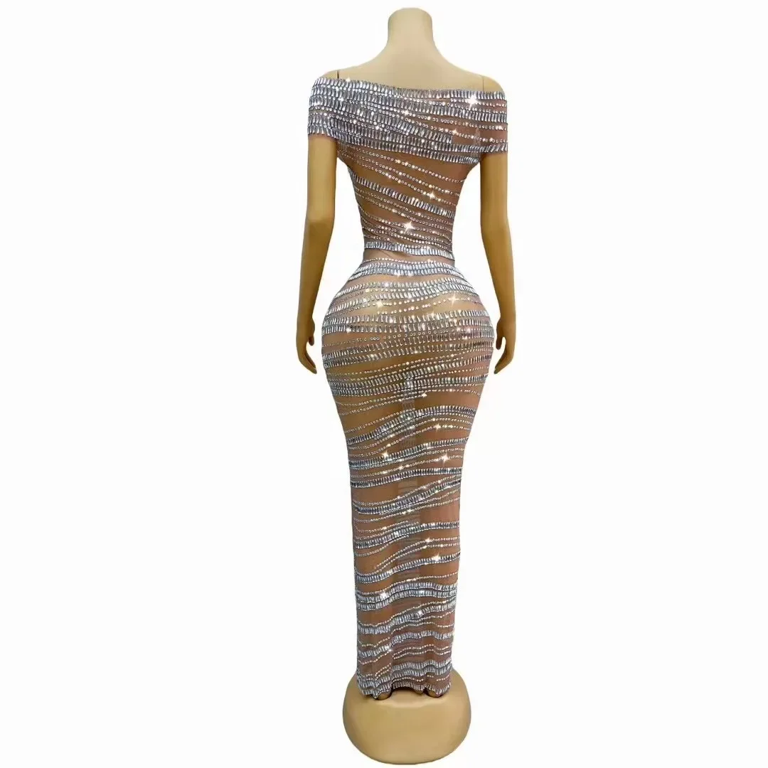 Funkelnde Strass steine langes Kleid Frauen sexy Bühne schulter frei durchschauen Abend Abschluss ball feiern Geburtstags kleid Fotoshooting Kleid