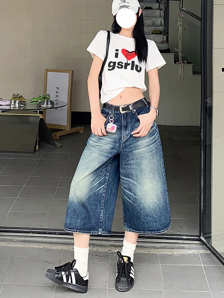 Retro, luźne spodnie jeansowe damskie z wysokim stanem i szerokimi nogawkami, jesienno-zimowe, nowe, z efektem sprania, modne.