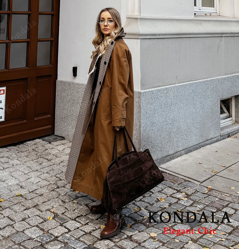 KONDALA Urban Vintage Trench Coat Women's Fall Winter Brown Reversible Wear Long Coat 2025 Fashion Elegant Commute Ladies Coat