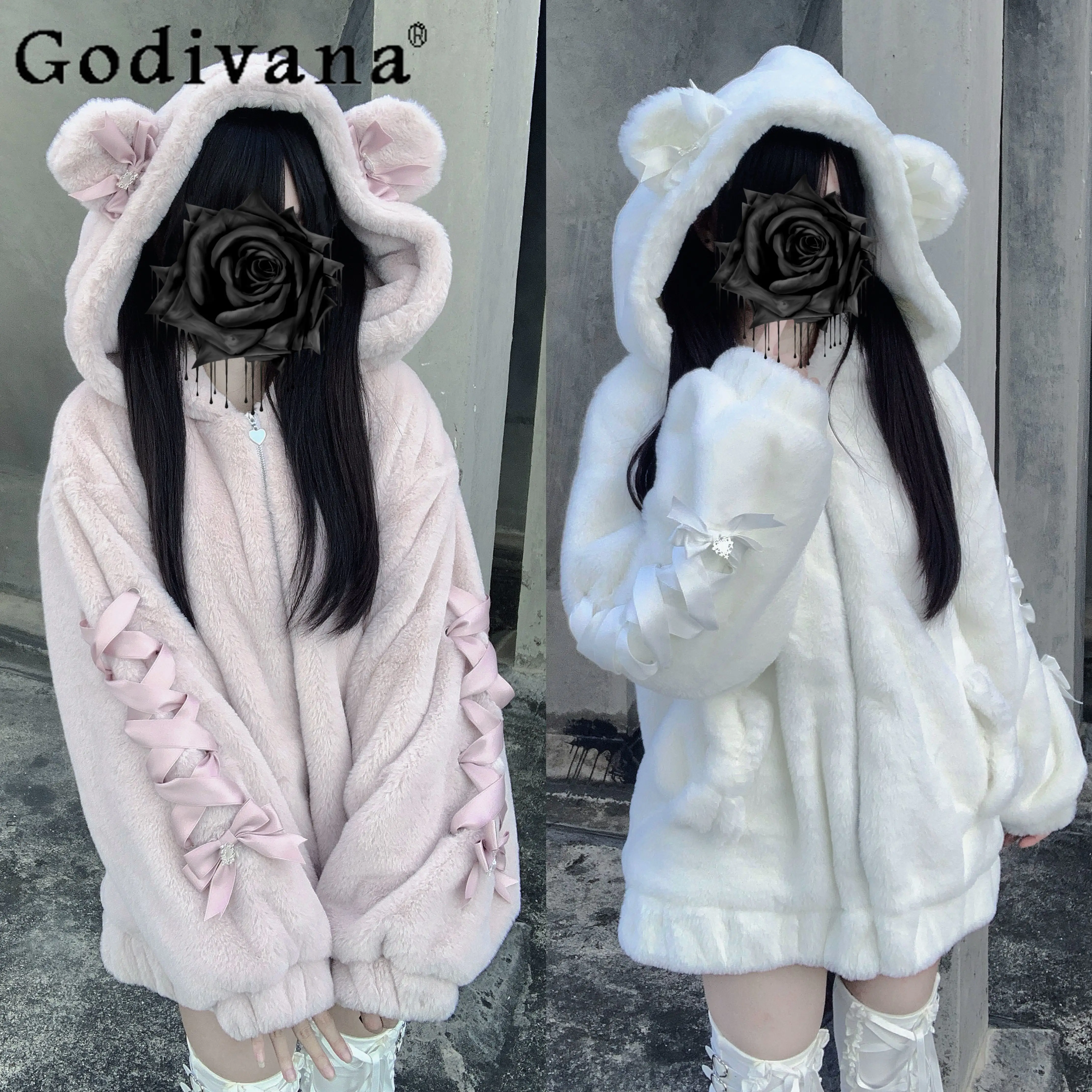 

Original Japanese Cute Girl's Faux Fur Jacket Winter New 2025 Women's Plush Warm Fur Coats Cute Bow Cat Ear Hooded Outerwear