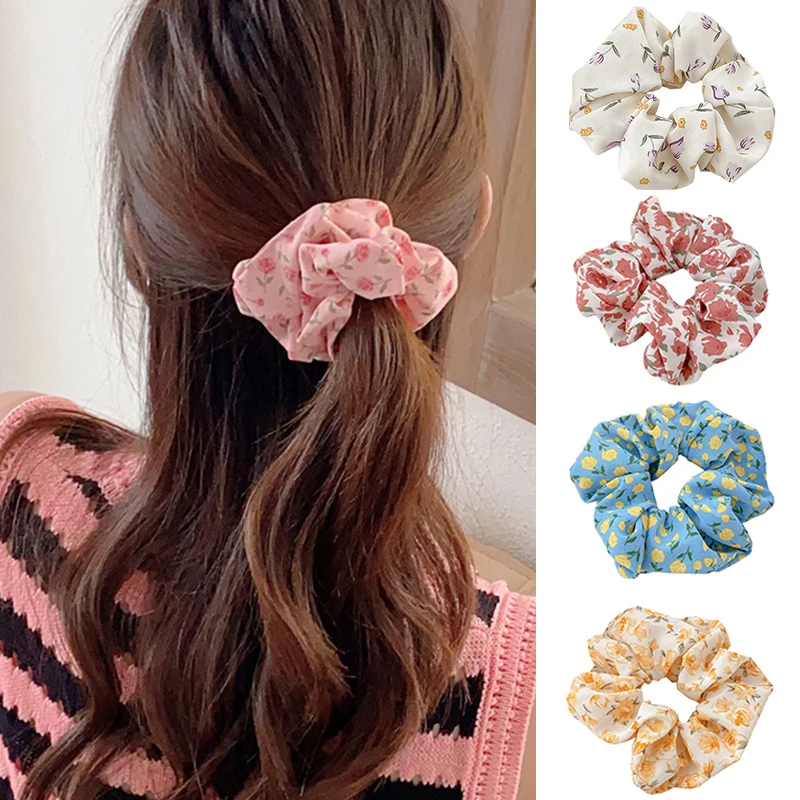 2023 Korean Fashion Tulip Rose Flower Hair Bands Sweet Hair Accessories Hair Ribbon Scrunchies Ponytail Holder Elastic Hair Rope