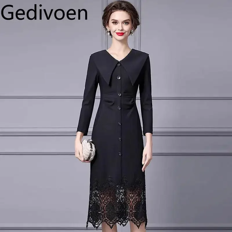 Gedivoen Hollow Out Lace Splicing Fashionable Dress Women's Turn-Down Collar Long Sleeved Single-Breasted Elegant Dresses