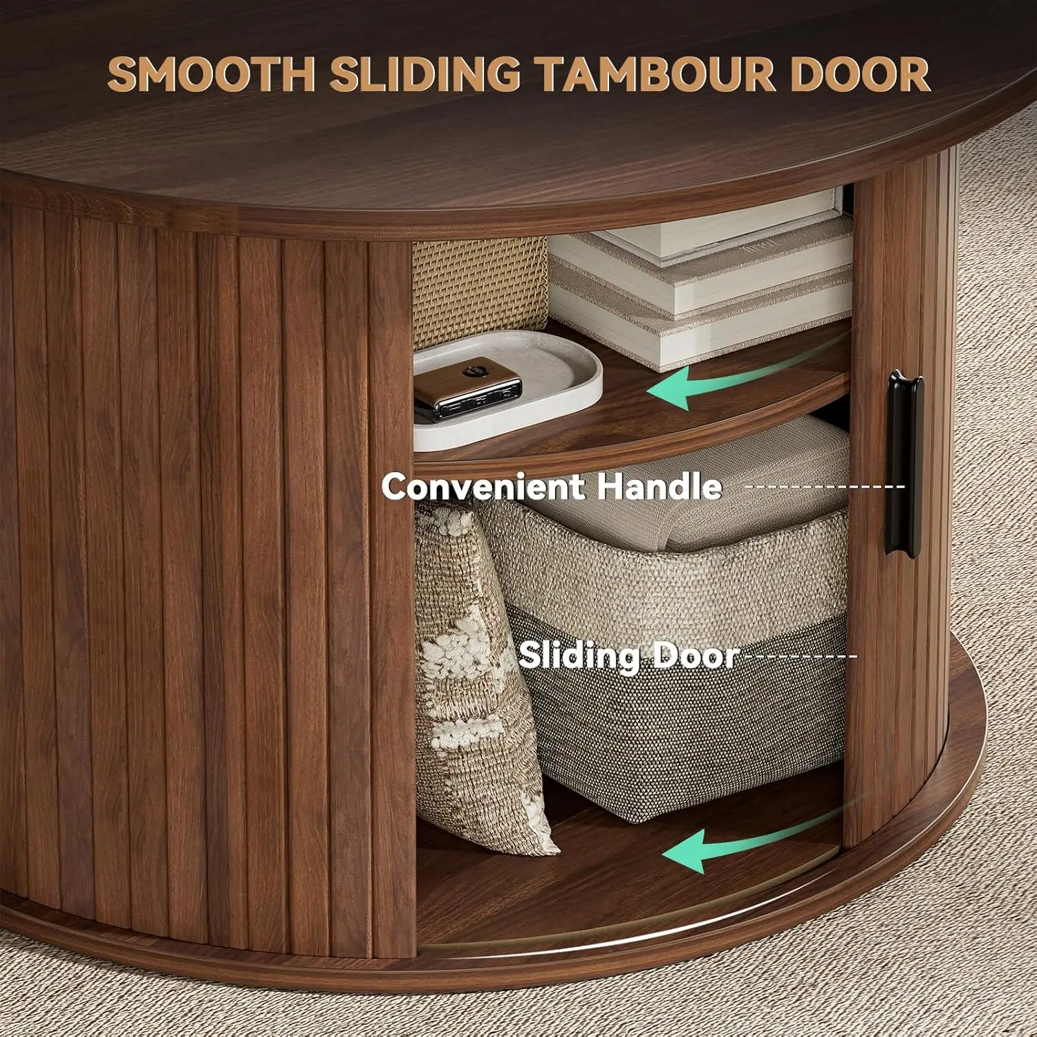 Round Lift Top Coffee Table, Fluted Wood Accent Coffee Table with Hidden Storage and Open Shelves, Drum Table with Sliding Rolli