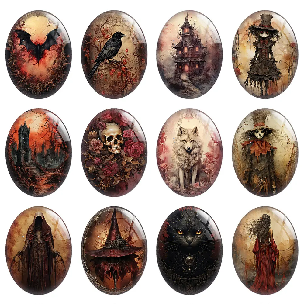 

10pcs/lot Halloween Horror Gothic Red Scarecrow Skull Wizard Death Oval Photo Glass Cabochon Flatback Demo Cameo Diy Jewelry