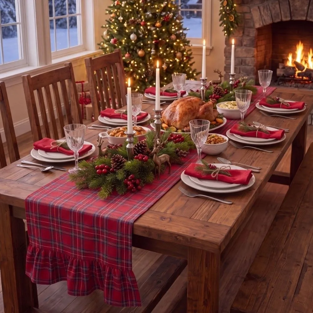 Double Ended Lotus Leaf Edge Christmas Table Runner Washable Rustic Style Plaid Table Runner Vintage Checkered