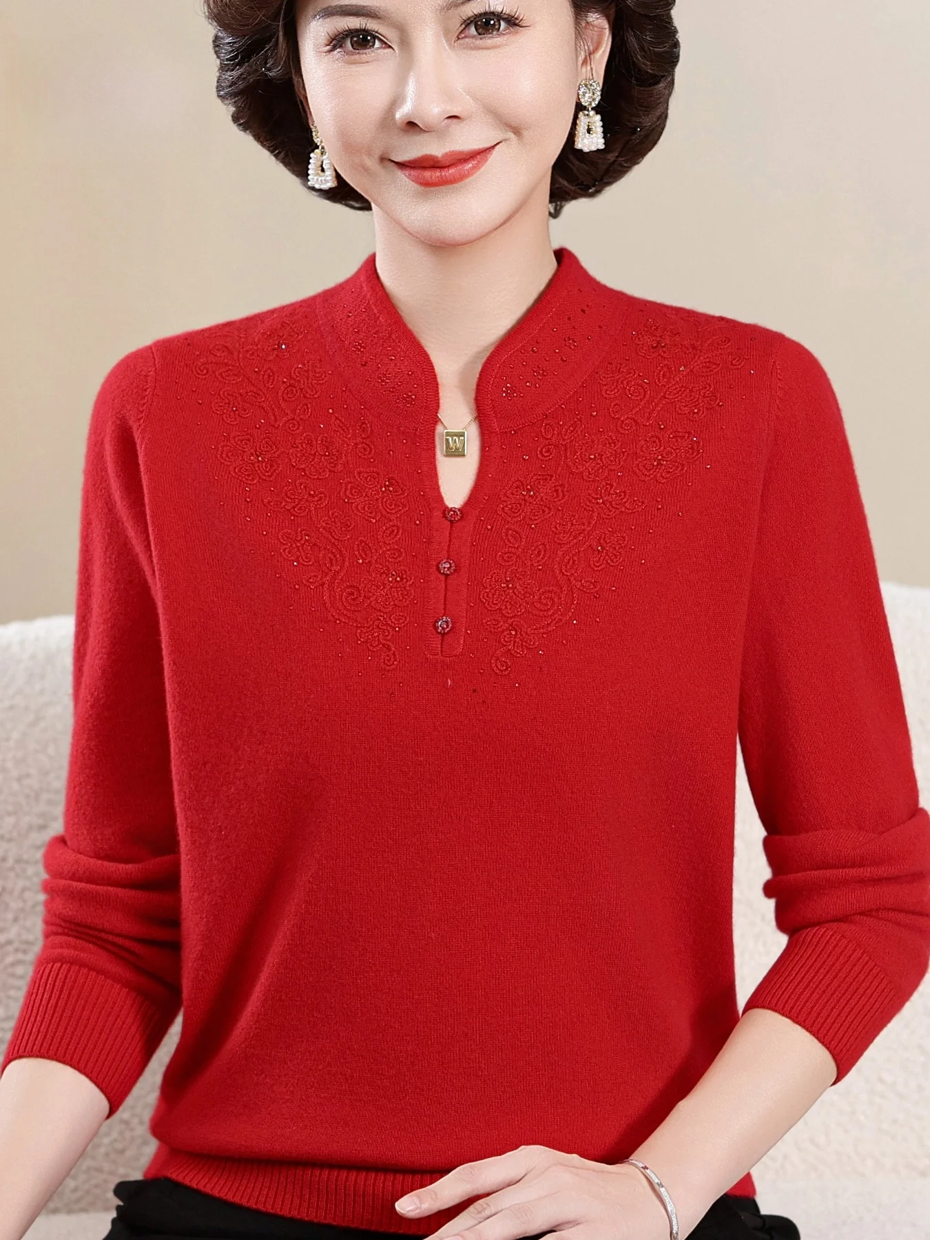 

Свитер из чистой шерсти с красным воротником, базовый слой для женщин среднего возраста и ли, новый китайский вязаный топ