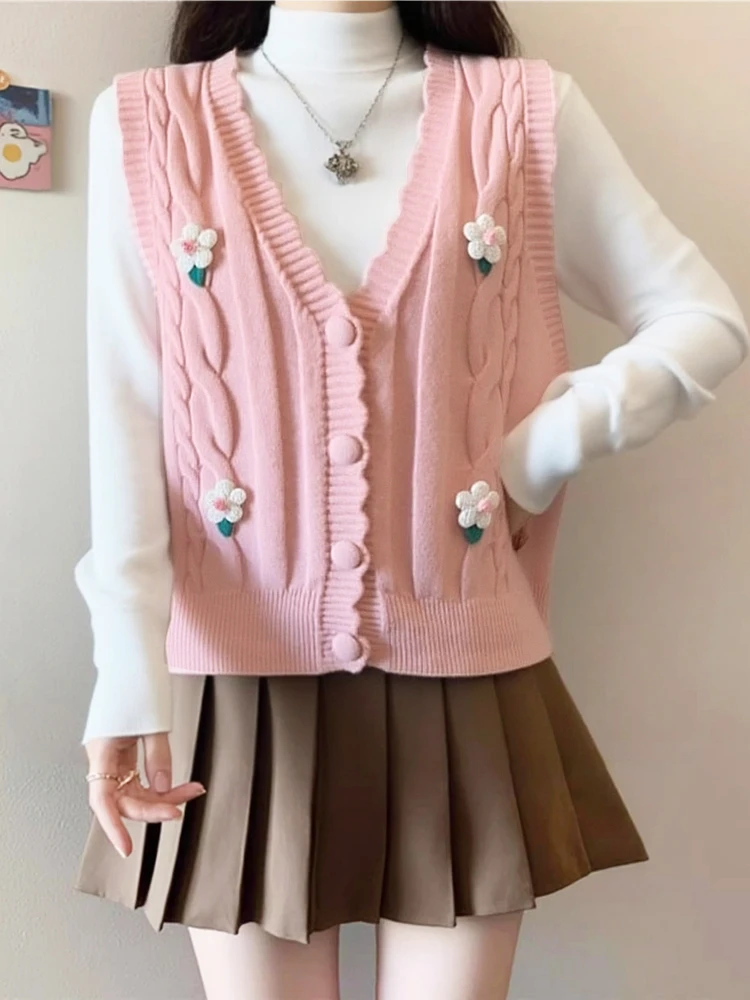 

Женский вязаный жилет, весна-осень 2023, новый универсальный маленький многослойный свитер с вышивкой, жилет с открытым кардиганом...