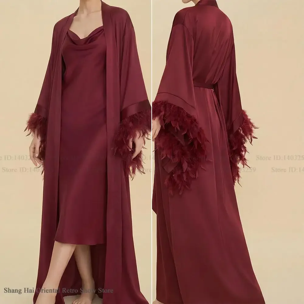 Luxury Bride Wedding Long Robe Dress with Feather Cuffs Elegant Silky Satin Bathrobe Nightdress French Style Loose Homewear