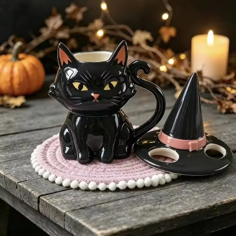 350ml Ceramic Black Cat Mug Witch Hat Coffee Cup Cute Halloween Tea Water Drinkware Home Dorm Party Gift for Women Cat Lovers
