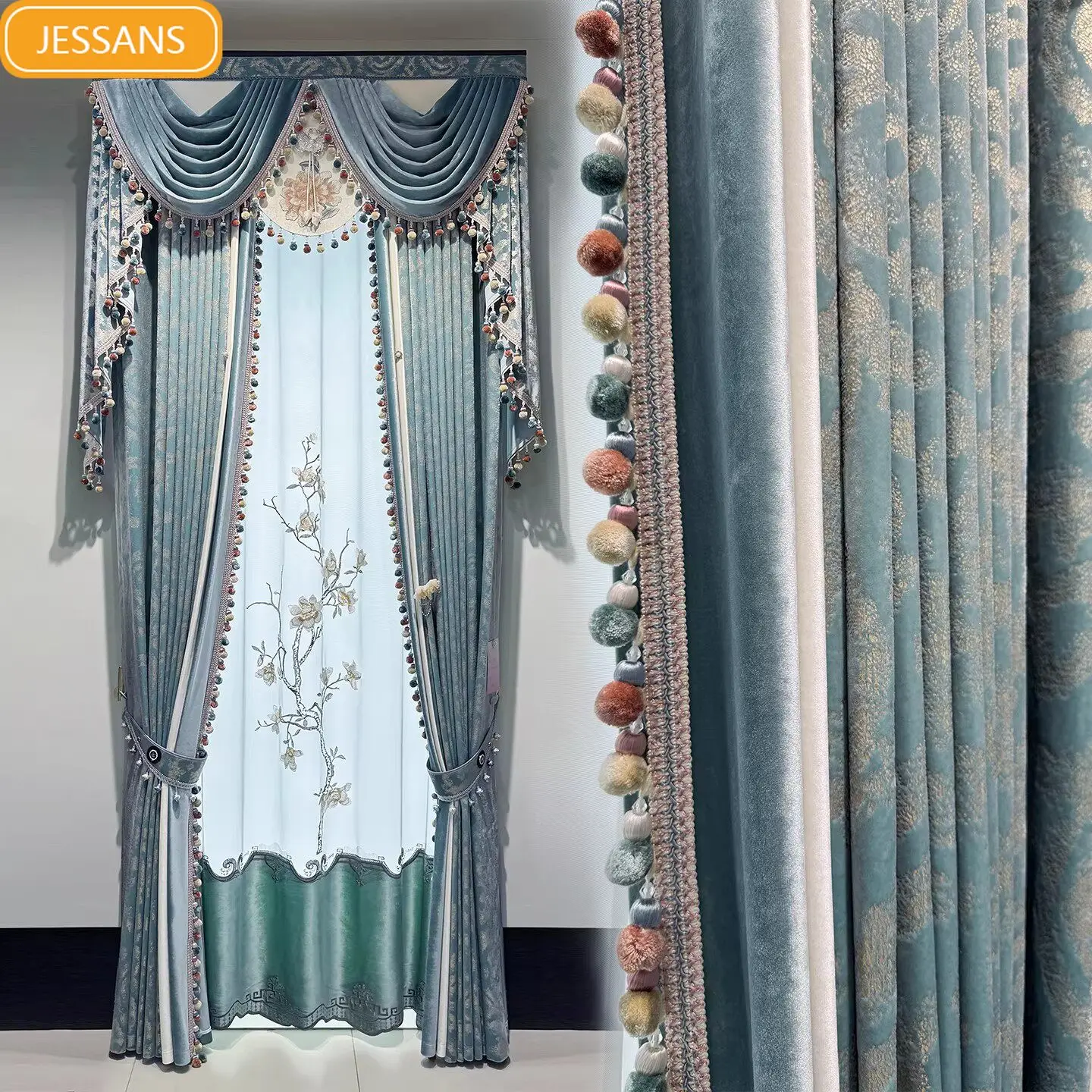 New Blue Green Velvet Hot Stamped Jacquard Splicing Curtains for Living Room Bedroom Partition Curtain Customization Valance