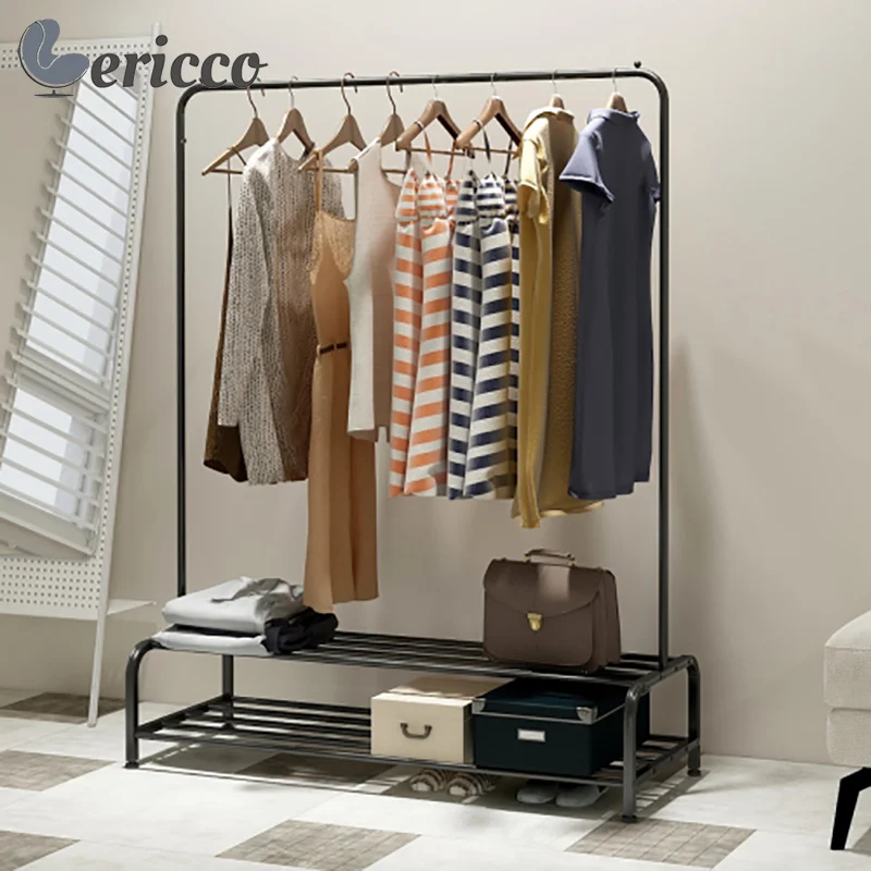 GERICCO Clothes Garment Rack with Shelves Metal Drying Rack Floor Hanger with Top Rod and Lower Storage Shelf Hangers Coat Shelf