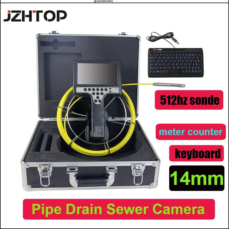 

14mm Pipe Video Inspection Camera 512hz Sonde Transmitter Drain Sewer Borescope Endoscope Handheld 7'LCD Meter Counter Keyboard