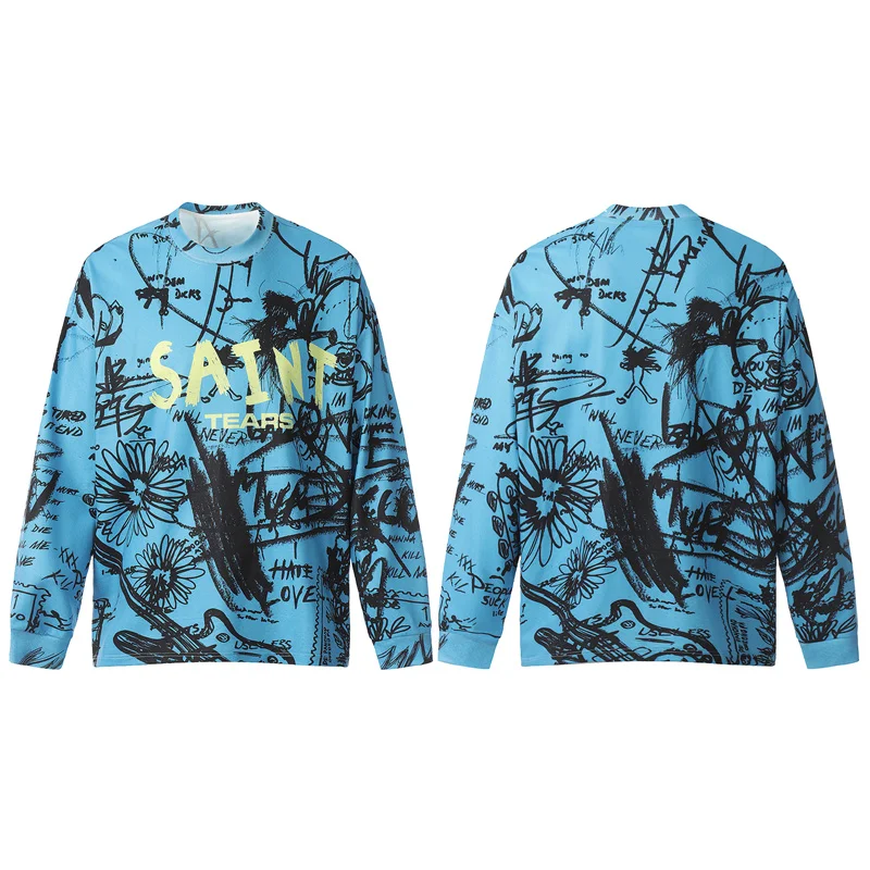 

Graffiti Full Print Saint Letters Print Blue Tops T-Shirt Men Women Cotton Oversized Long Sleeve Vintage Best Quality T Shirt