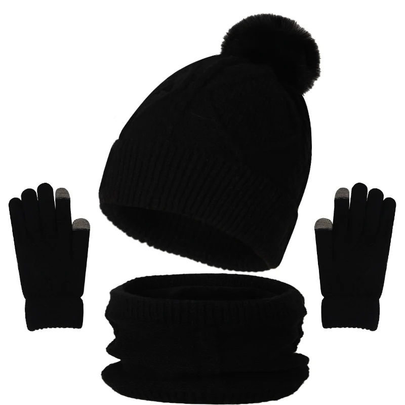 3종 여성 겨울 모자 스카프 터치스크린 장갑 털 볼 니트 비니 모자 넥 워머 세트 따뜻한 여성용 모자 십대 소녀 모자