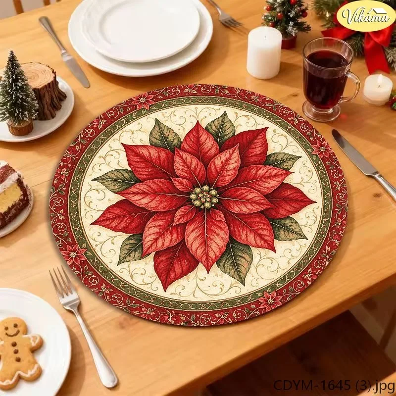VIKAMA Christmas Round Placemats Red Pine Wreath Gold Bow Bell Gift Poinsettia Santa Sleigh Reindeer Snowman Mat Decor