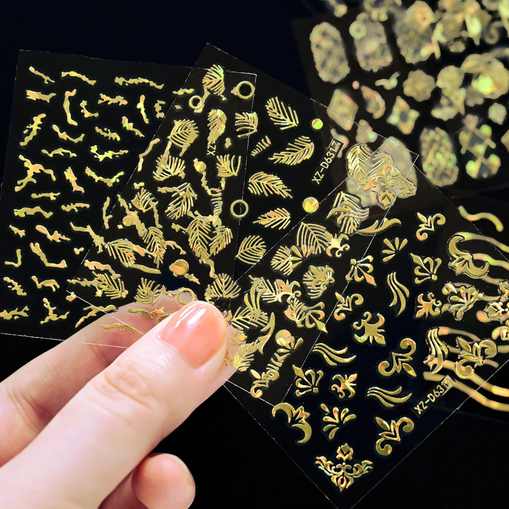 30Pcs Laser Gold Silver French Line Nail Stickers Holographic Metallic Geometry Sliders Self Adhesive Wave Strip Manicure Decals