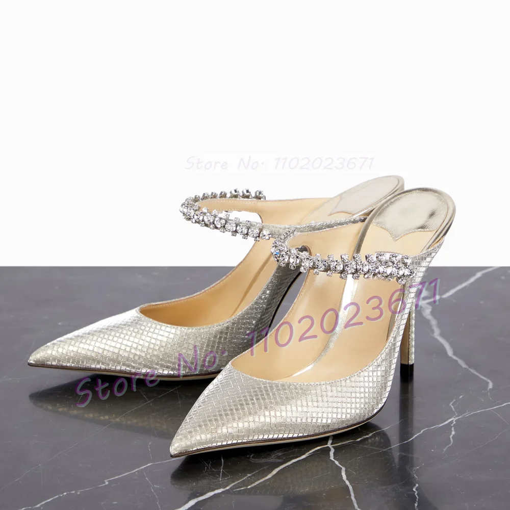 Silver Metallic Crystal Mules Woman Grid-pattern Rhinestone Arch Strap High Heels Ladies Elegant Summer Pointy Bling Slippers