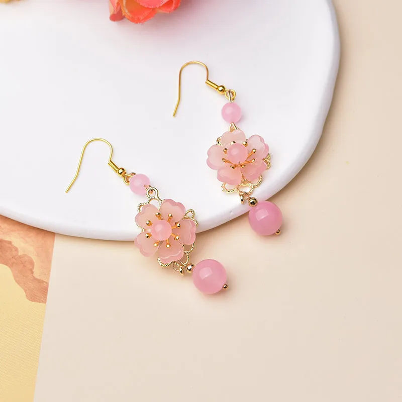 Temperamental Elegant Powder Crystal Synthetic Flower Eardrop Fresh Exquisite Super Fairy Jewelry Accessories