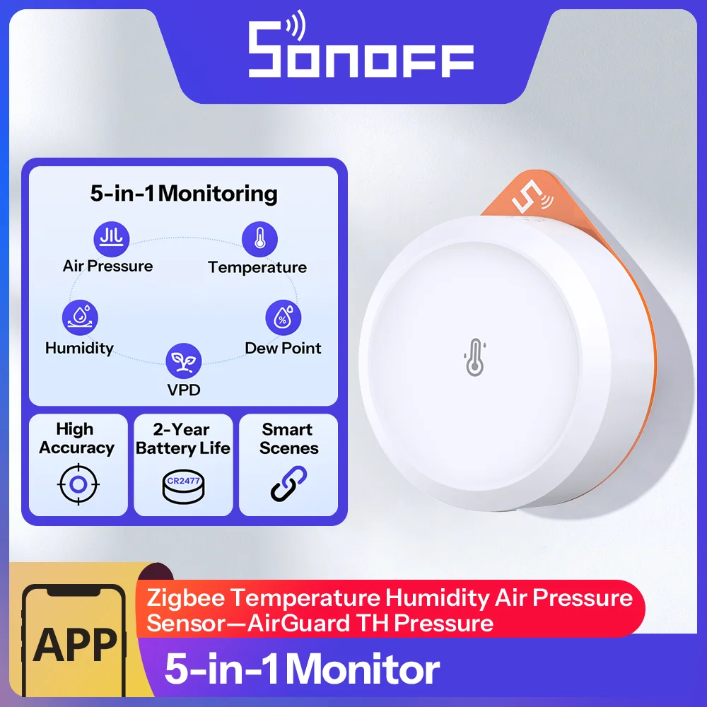 Capteur de pression d'air Sonoff Zigbee, température, humidité, baromètre, moniteur météo intelligent pour la maison, alerte par application, bureau, SNZB-02M