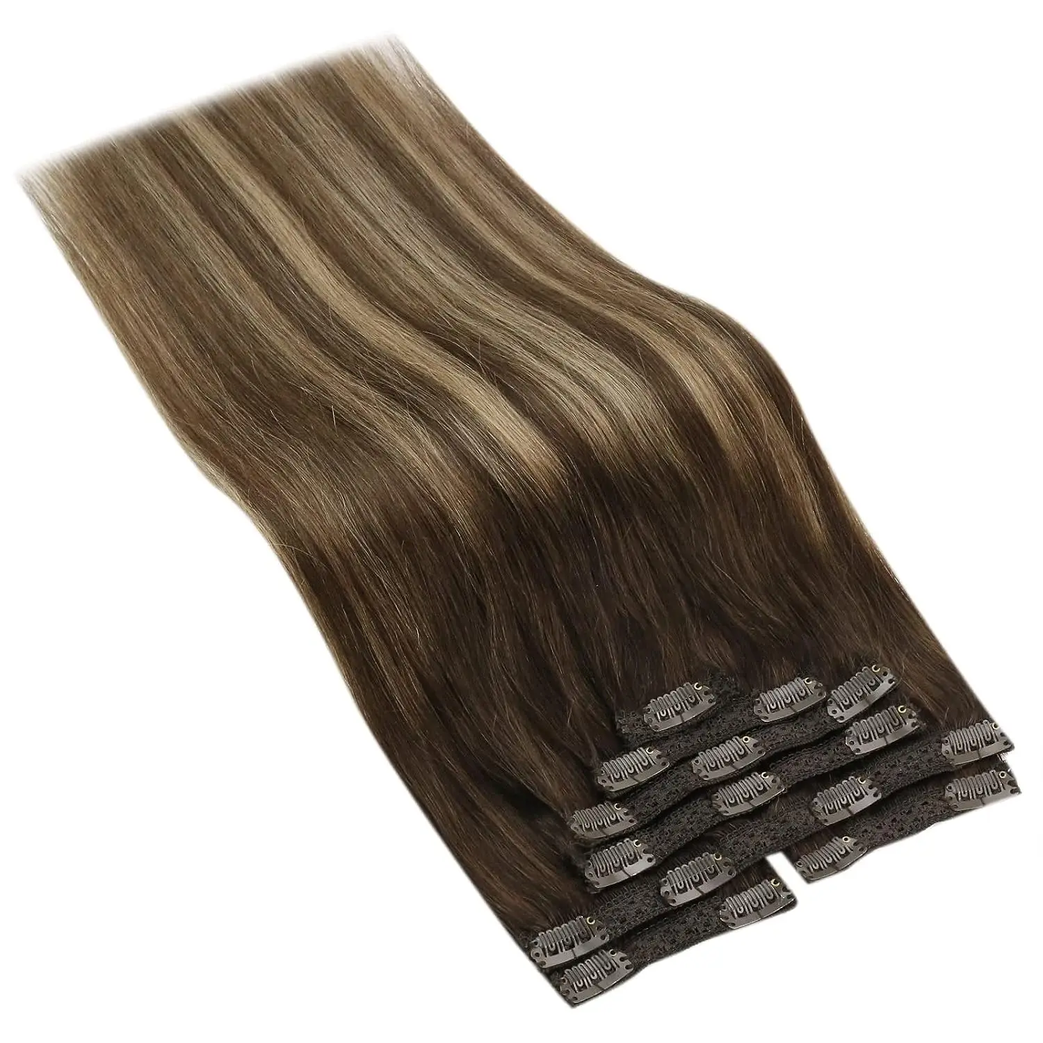 VeSunny Clip-in Hair Extensions Echt haar Dubbele inslag Remy-pruiken 7 stuks Clip-on Extensions Donkerbruin Blond 100gr Braziliaans haar