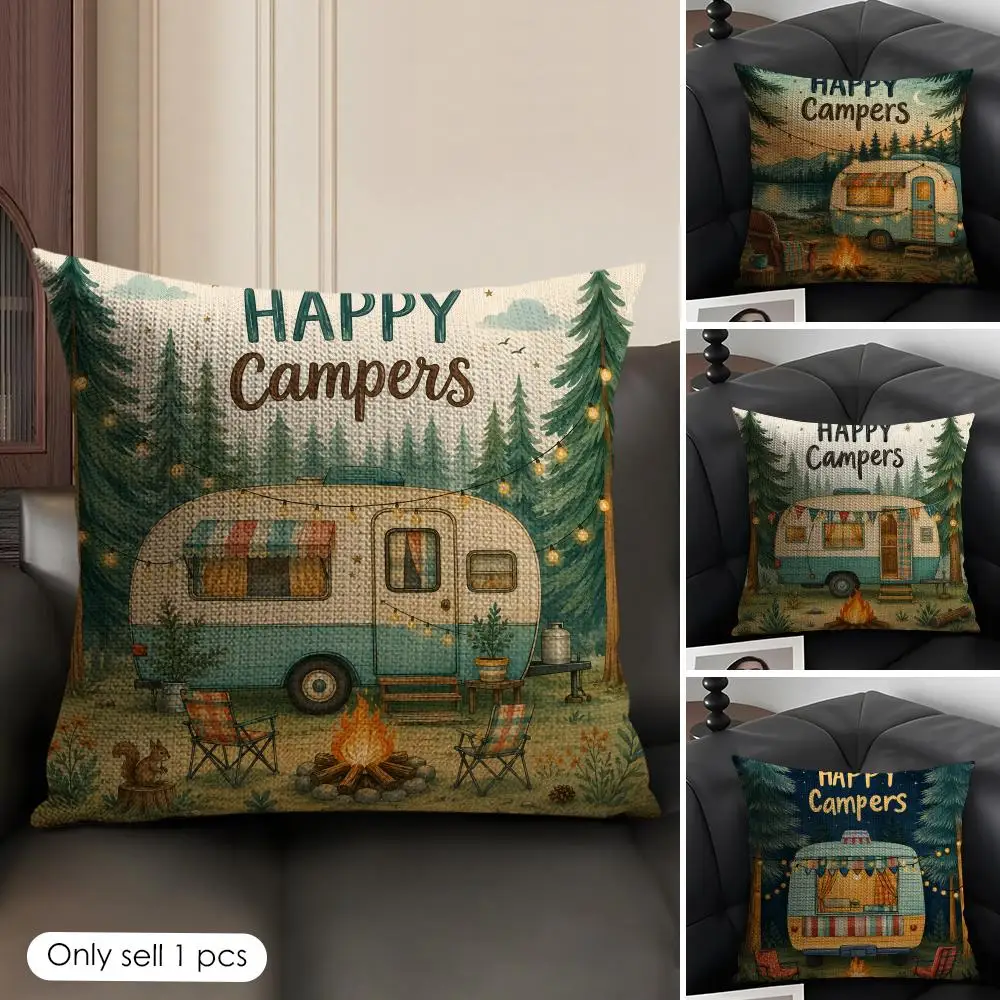 Happy Camping Theme Cushion Cover Natural Linen Organic Fabric Double Sided Print Sofa Pillow Case Home Decor Gift