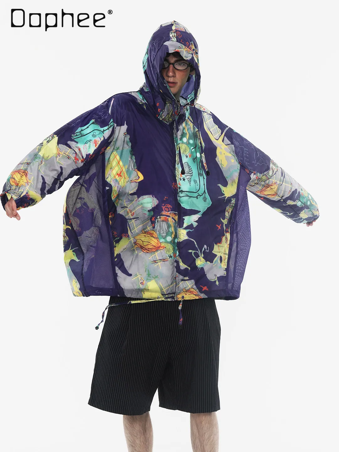 Summer Men Streetwear Abstract Print Hooded Jacket Lightweight Mesh Oversized Wine Red Sunscreen Clothing for Casual Wear