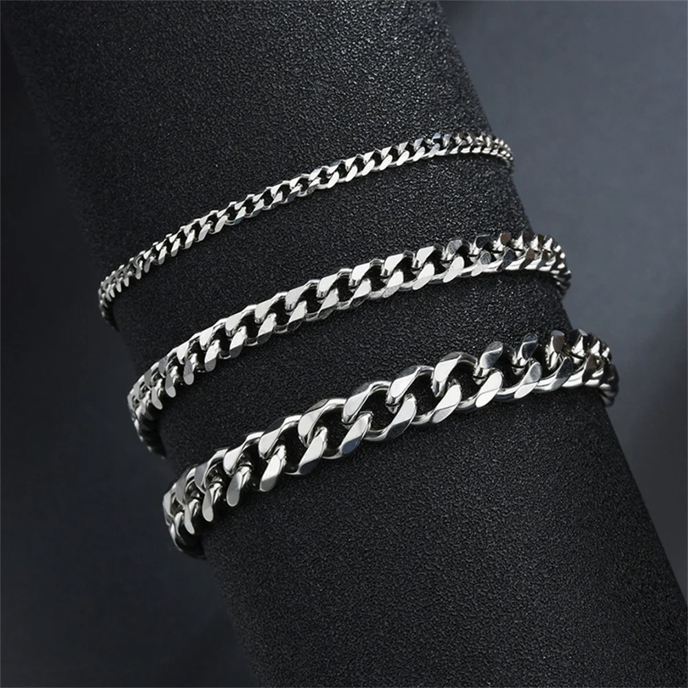 Hip Hop Stainless Steel Cuban Chain Bracelet For Women 3 5 7 mm Simple Stainless Steel Men Bracelet Gold Color Jewelry