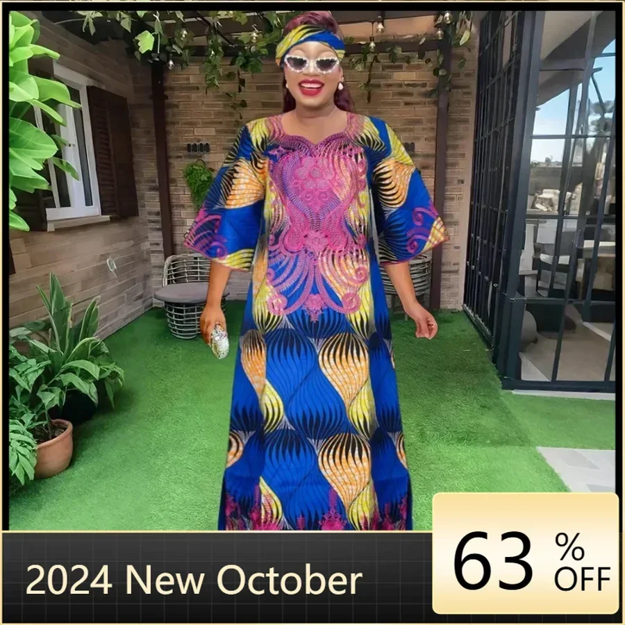 Plus Size African Clothes for Women 2024 New Dashiki Ankara Embroidery Bazin Riche Design Wedding Party Dresses with Headscarf