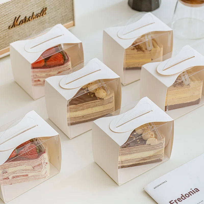 

200pcs Transparent Plastic White Paper Cake Box Cupcake Dessert Boxes Cheese Cake Packing Box with Handle