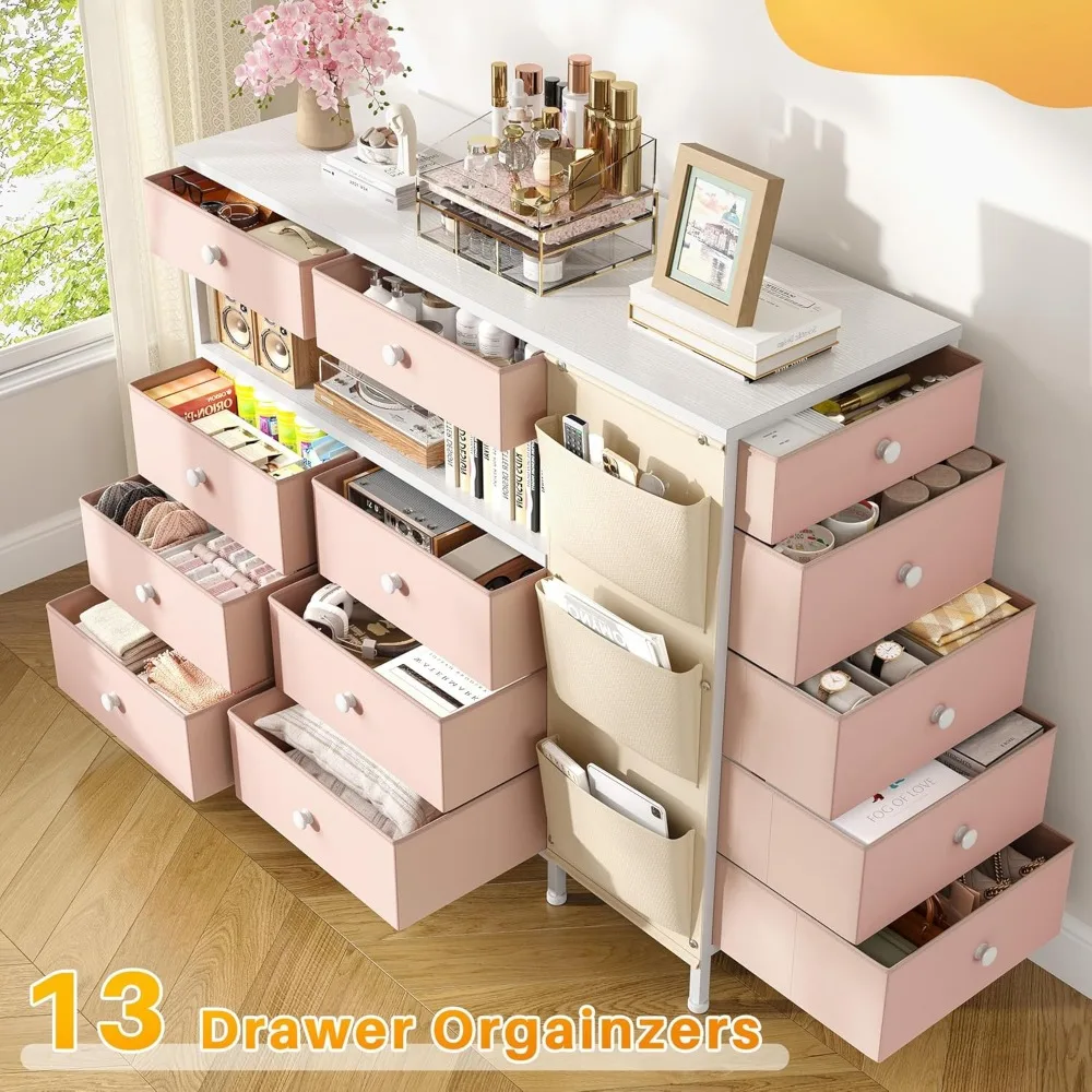 Rosa Kommode mit 13 Schubladen für Schlafzimmer mit LED-Leuchten und 3 Seitentaschen, Schrankeinsel mit 2 offenen Regalen, Kommoden und Kommoden von D