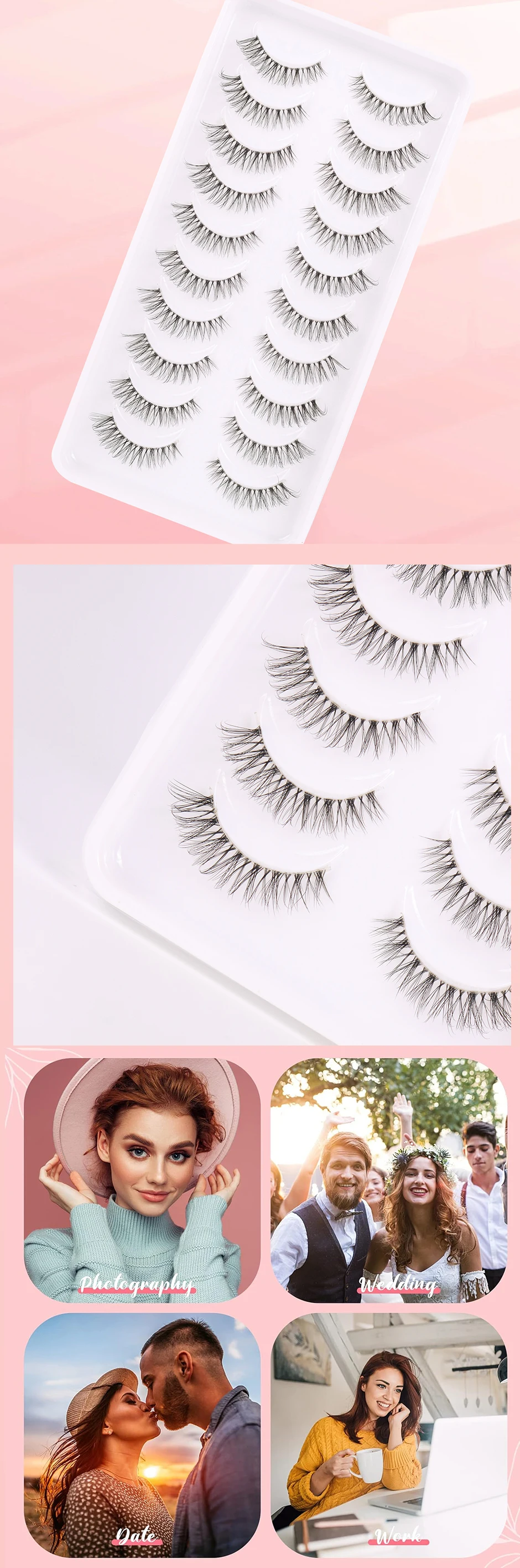 10 Paar natürliche D-Locken-transparente künstliche Wimpern im Cross-Stil eignen sich für Dating/Arbeit/Meetings – Detail 3