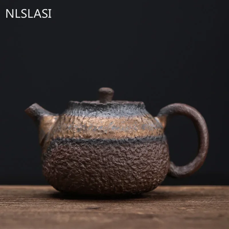 240ml Handmade Retro Coarse Pottery Teapot Japanese Gilt Iron Glaze Pot Pu 'er Tea Infuser Traditional Tea Ceremony Supplies