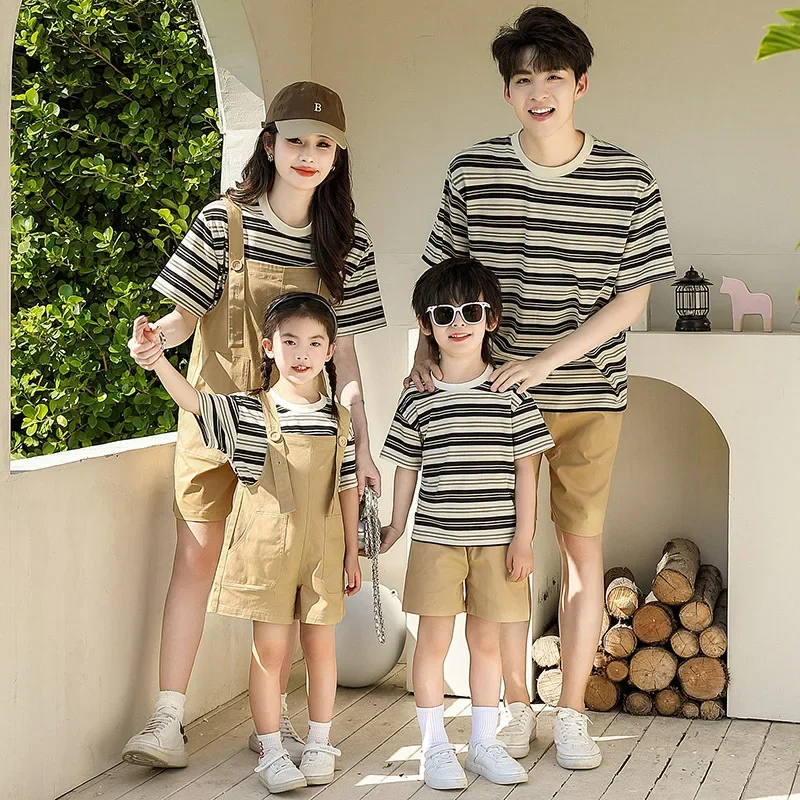 

2024 Summer Family Matching Clothes Mom and Daughter T Shirts + Jumpsuit 2 Piece Outfits Dad and Son Tops + Shorts Two Piece Set