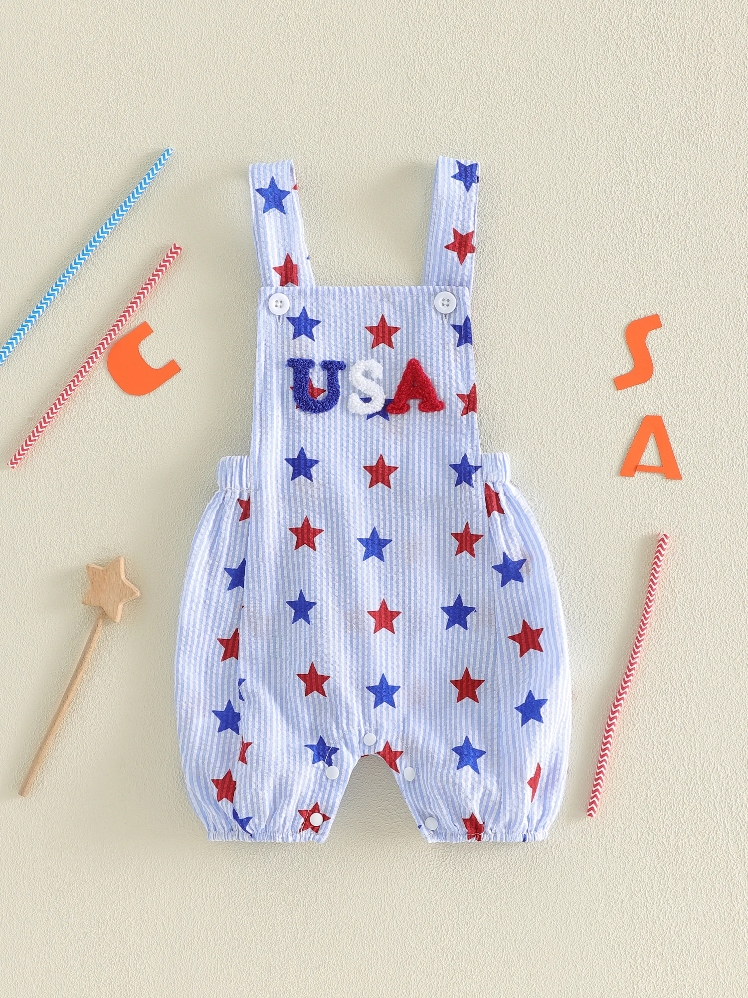 

Комбинезон для маленьких мальчиков на День независимости с патриотической вышивкой в ​​виде букв, принтом в виде звезд и полосок и дизайном без рукавов для праздничного образа