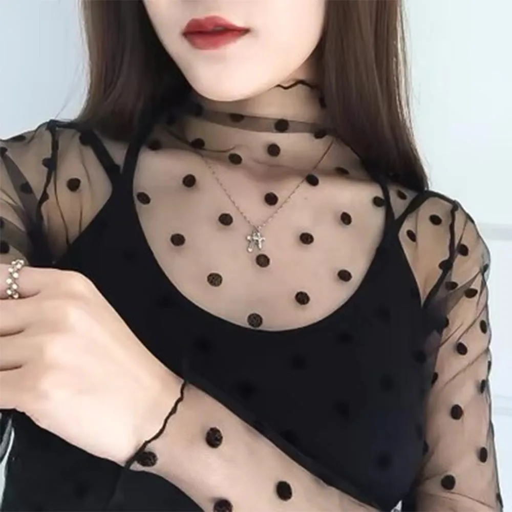 Fashion See Through Lace Top Transparent Blouse For Women Slim Fit Shirt With Long Sleeve Black Mesh T-shirt Fishnet Sheer Tops