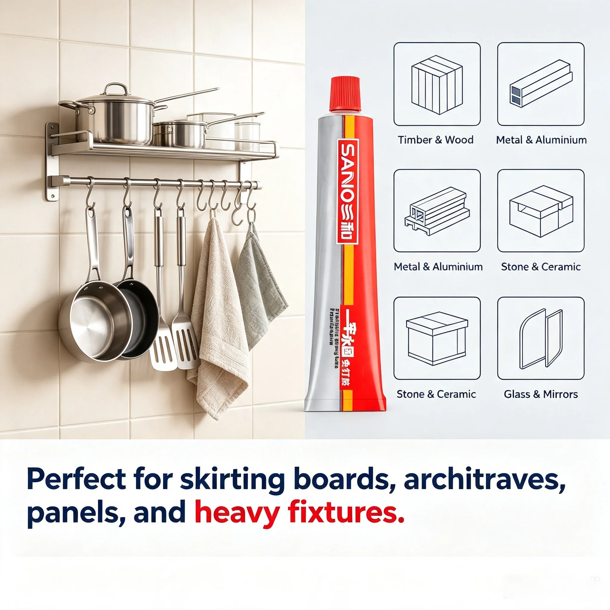SANVO Heavy Duty Nail Free Glue Waterproof Instant Grab Adhesive No Drill Liquid Nails for Wood Metal Stone DIY Home Improvement