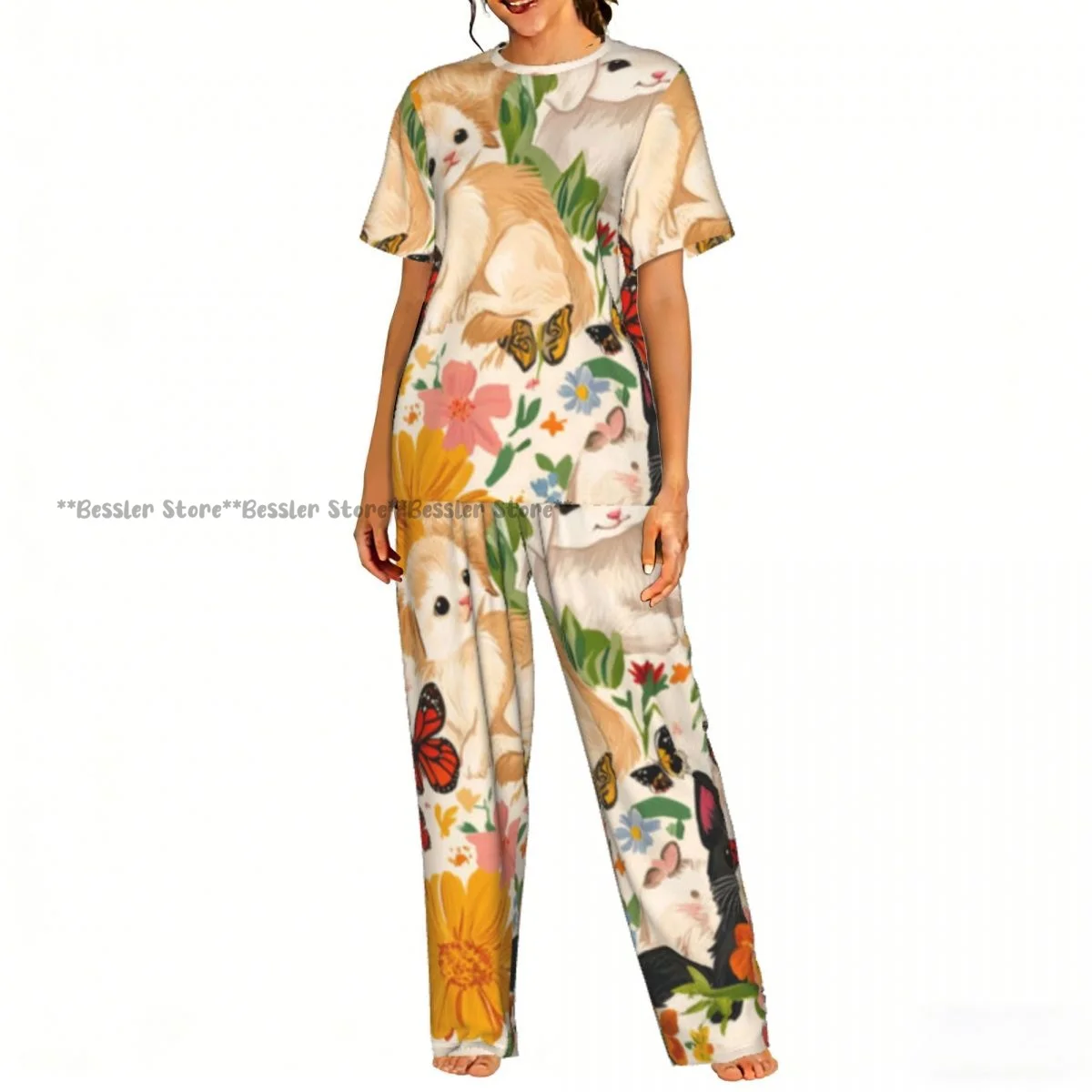 

Женские комфортные пижамы с изображением щенков, котят и морских свинок, комплект с короткими рукавами, одежда для сна