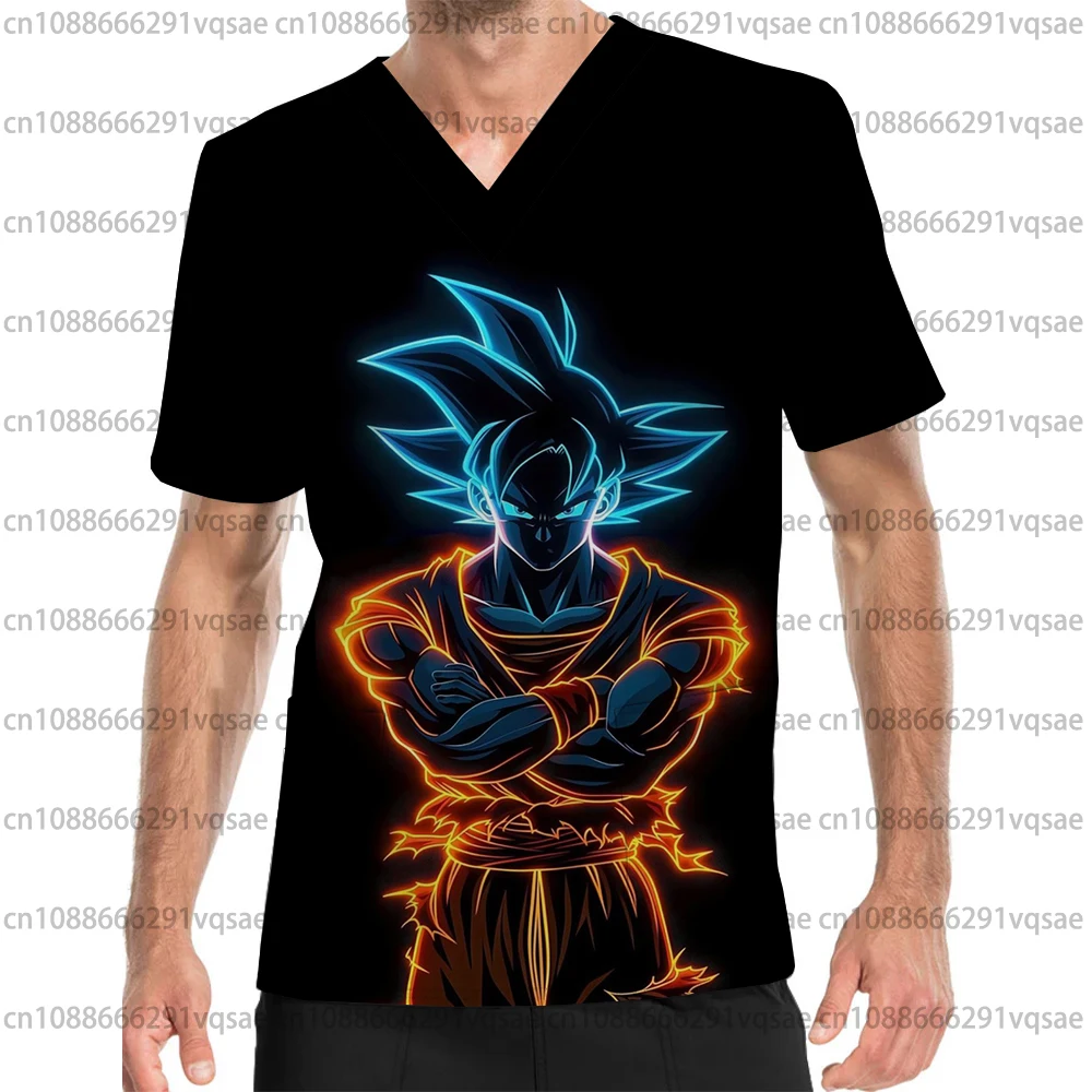 Summer New Men's Pocket V-Neck Scrub Top Dragon Ball Anime Men's Health Care Nurse Uniform Caregiver Work Short Sleeve T-Shirt