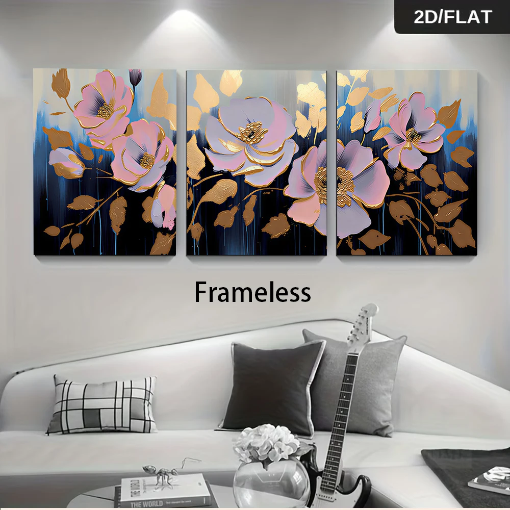 1 set of modern abstract floral triptych frameless decorative painting, featuring simple golden flowers, 2D flat