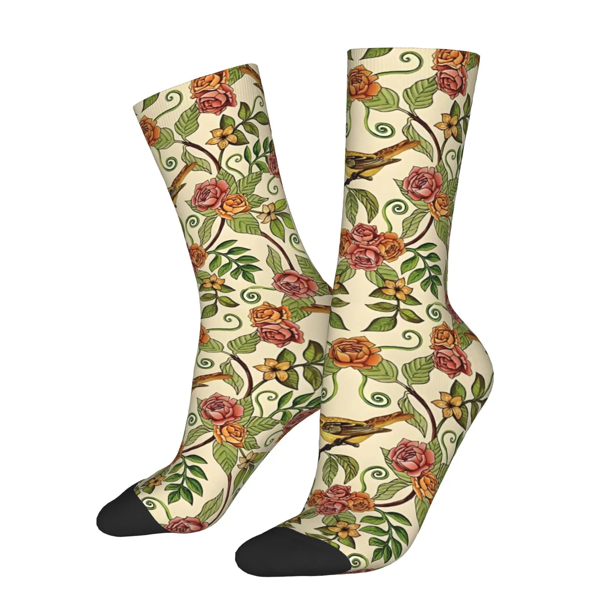 1pc Yellow Birds And Pink Flowers Printed Men's Socks  Novelty Hip Hop Harajuku Pattern Crew Sock Casual Gift