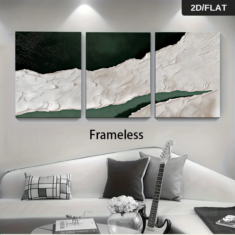 3PCS Frameless(2D flat.)1 set of modern minimalist three-panel decorative painting, ink green and white abstract frameless paint