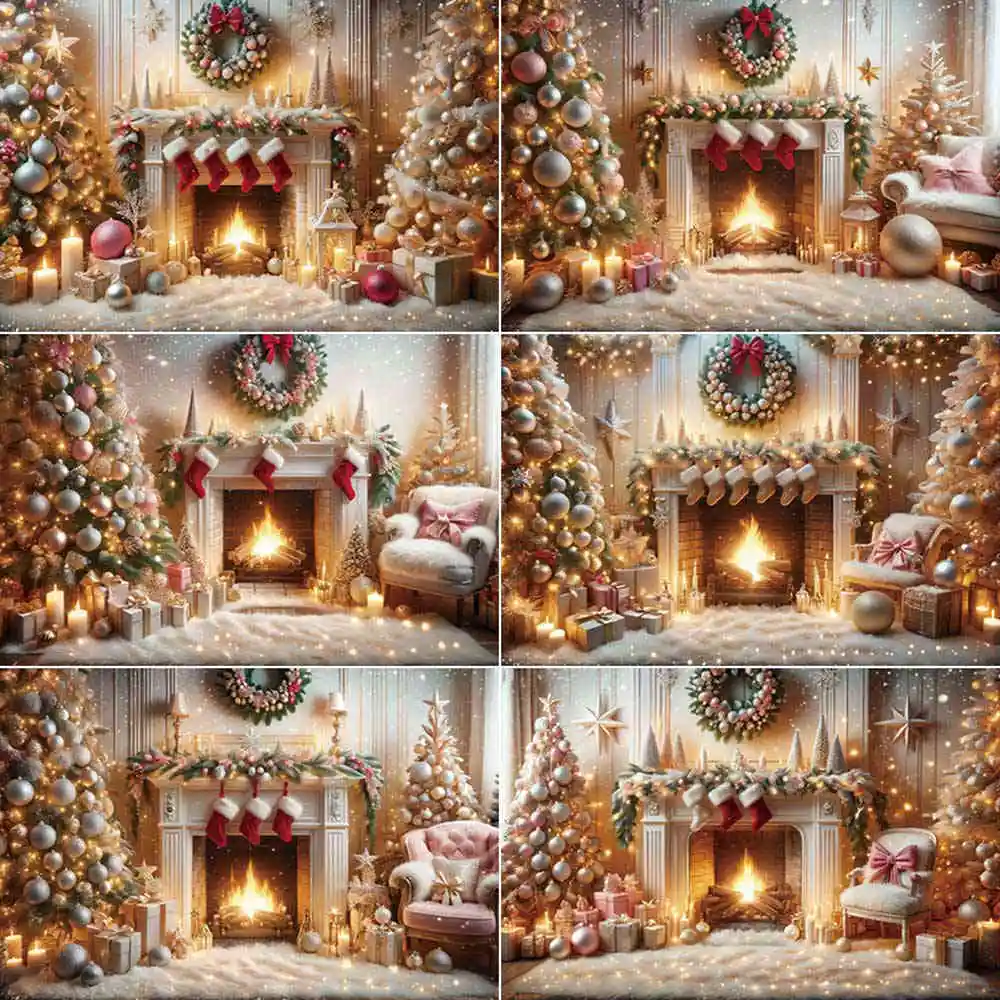 

MOON.QG Fireplace Christmas 2025 Photography Backdrops Bell Trees New Year Photo Backgrounds Home Decoration Photographic Props