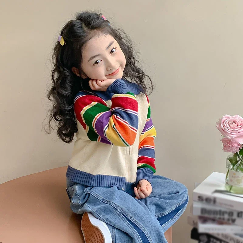 

Autumn Winter Fashion Korean Girls Knitted Sweater Cardigan Rainbow Patchwork Kids Tops Casual Sweaters Children Clothes