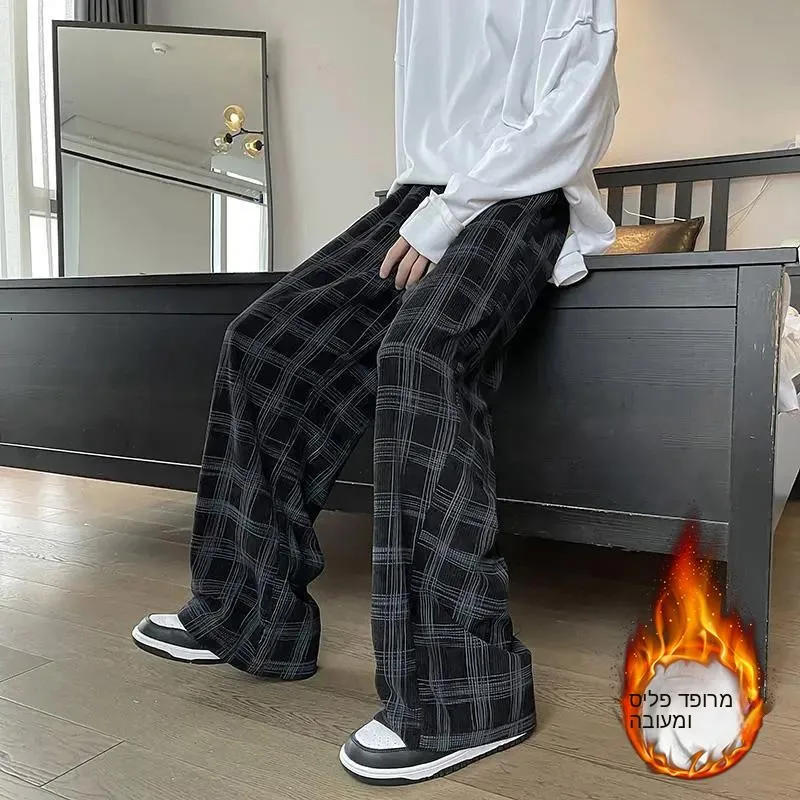 

Men's Loose Fit Plaid Straight Leg Casual Pants Winter Warm Fleece Lined Spring Autumn American Style Retro Hong Kong Fashion