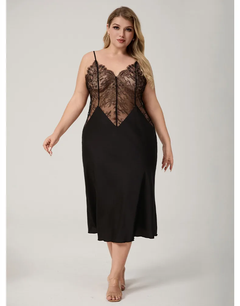

Black Sexy Patchwork Lace Long Nightgown Spaghetti Strap Nightdress Home Dress Summer Women's Sleepwer Nighty
